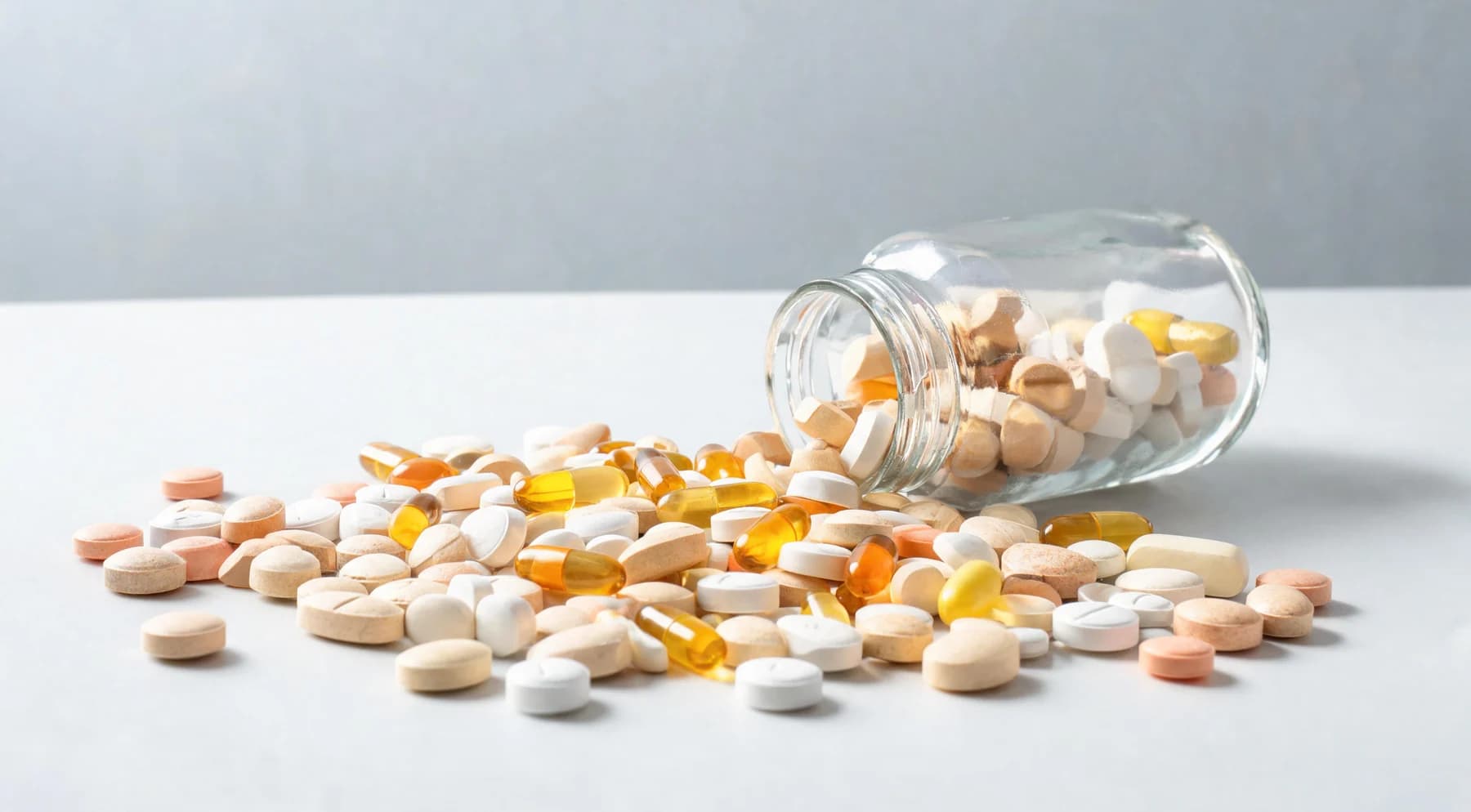 Assorted supplements spilled from a bottle
