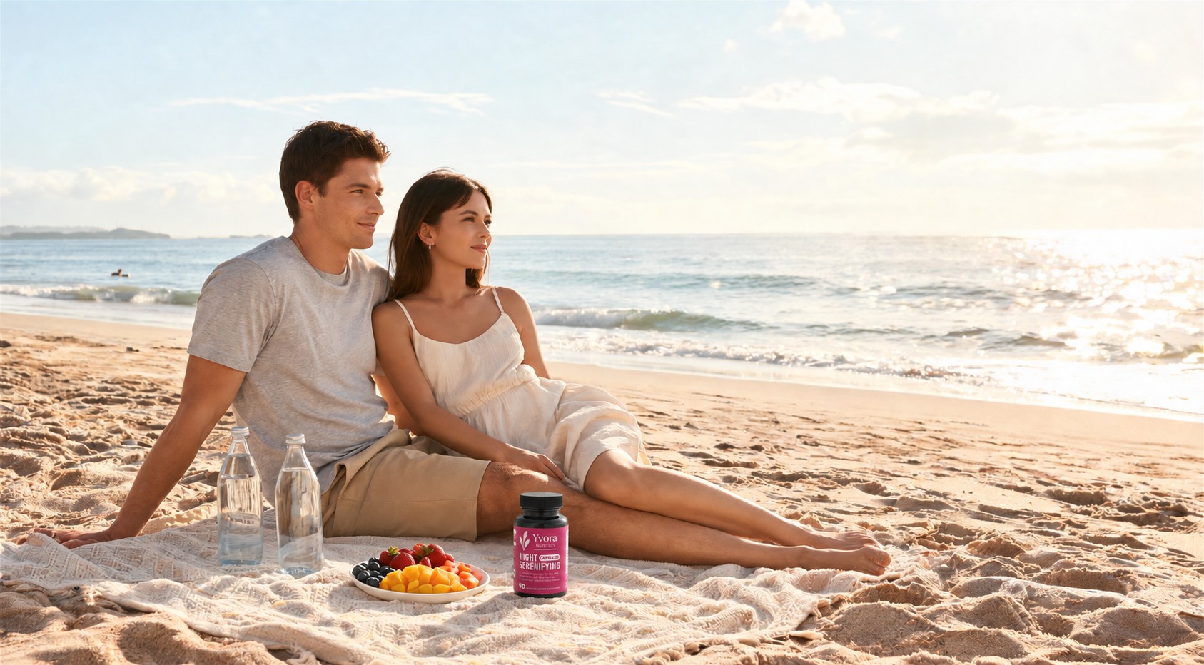 Couple with Yvora Night Formula enjoying a relaxed reset by the beach