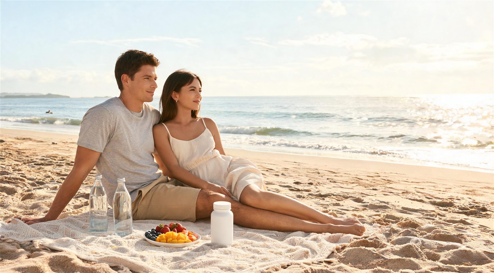 Healthy couple enjoying a relaxed reset by the beach