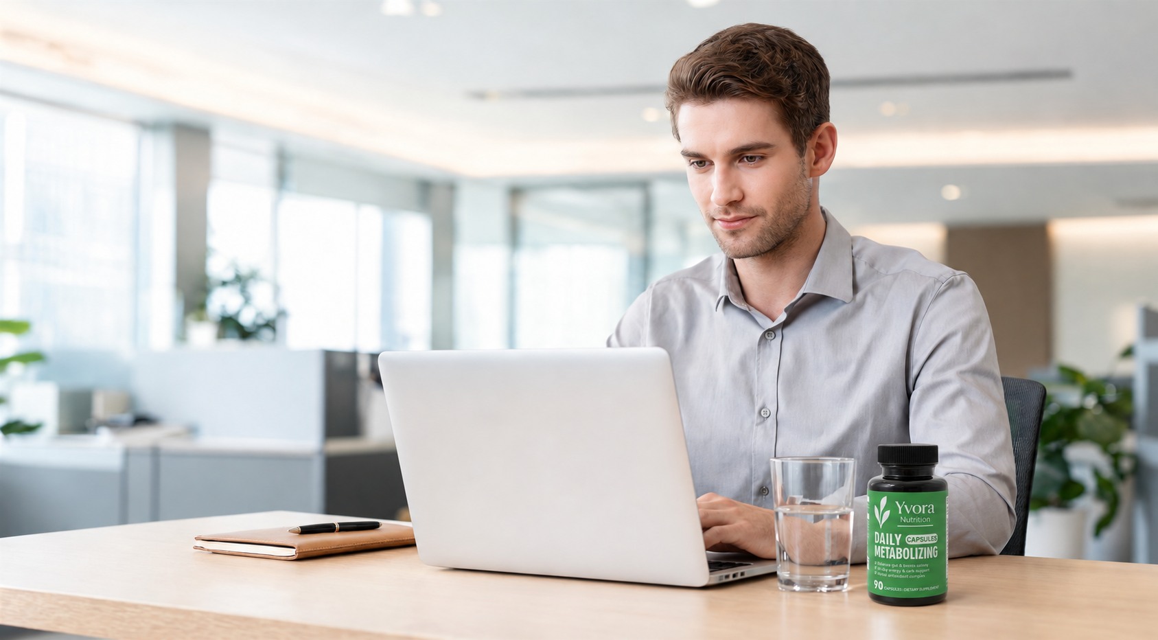 Professional with Yvora Day Formula during a balanced workday routine
