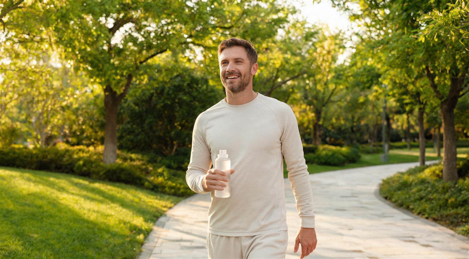 Active adult walking in a sunlit park